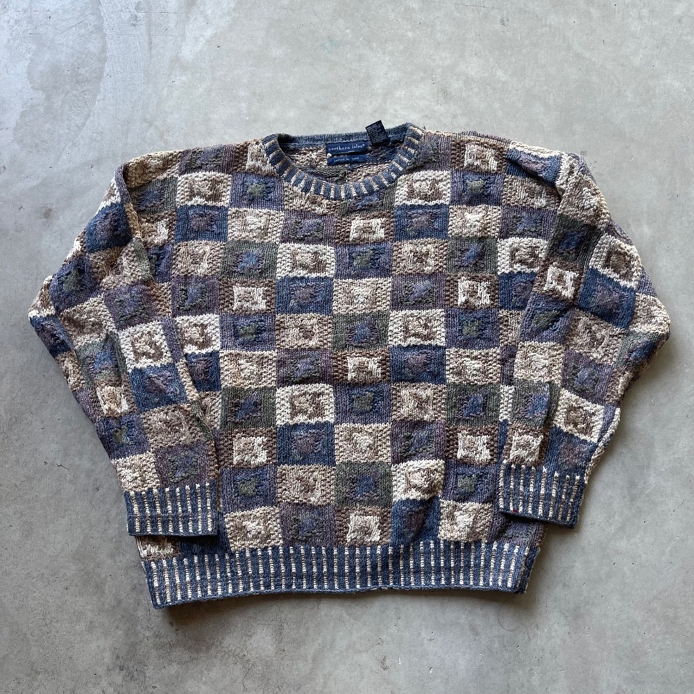 Northern Isles Vintage Hand Knitted Patchwork Sweater Blue Brown Tan Womens M - Picture 1 of 6